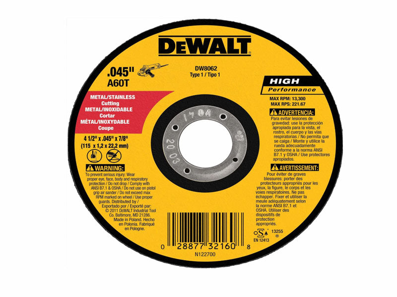 New DeWalt DW8062 4 1/2" x .045 x 7/8" Metal Cut-Off Wheel (5)