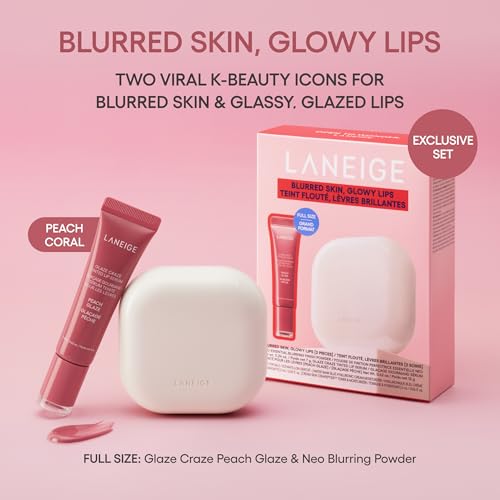 LANEIGE Blurred Skin & Glowy Lips Set | Laneige Neo Blurring Powder & Glaze Craze Tinted Lip Serum | K-Beauty Duo for Shine-Free Skin & Glassy Lips