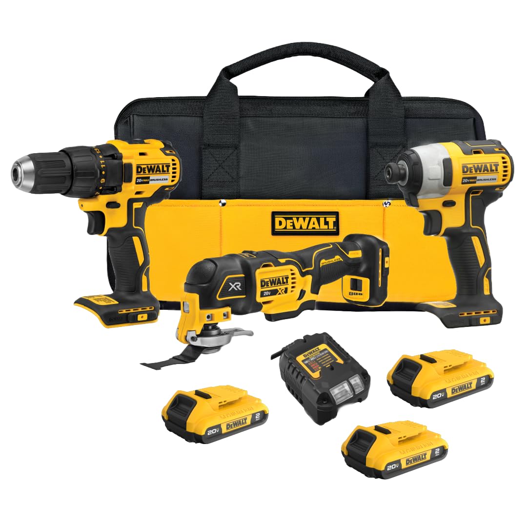 DEWALT 20V MAX 3-Tool Brushless Power Tool Set, Includes 1/2 Cordless Drill,1/4 Impact Driver, Oscillating Tool, 3 Batteries and a Charger, Extended Runtime, Lightweight (DCK360D3)