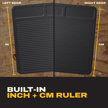 DEWALT Workbench Mat 18x48 in – Heavy Duty 3mm Silicone Work Bench Mat with SAE & Metric Rulers, Oil Heat Chemical Resistant, Non-Slip Grip, Built-in Parts Slots, Workbench Protector Mat, Black