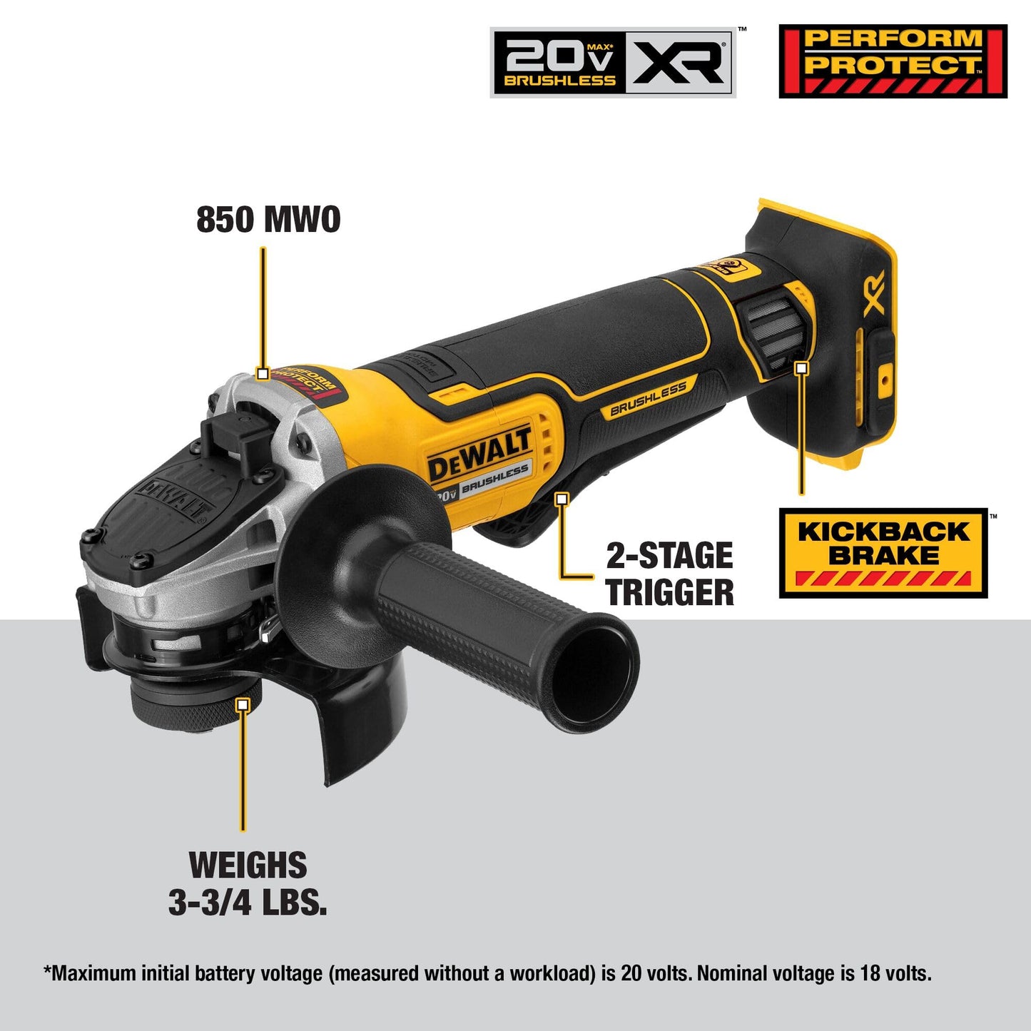 DEWALT 20V MAX* Angle Grinder Cordless Brushless, 4 1/2 Inch, with Paddle Switch and Kickback Brake, Tool Only (DCG413B)
