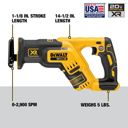 DEWALT 20V MAX XR Reciprocating Saw Cordless, Brushless, Compact,Variable Speed, Pivoting Head, LED Light, Tool Only (DCS367B)