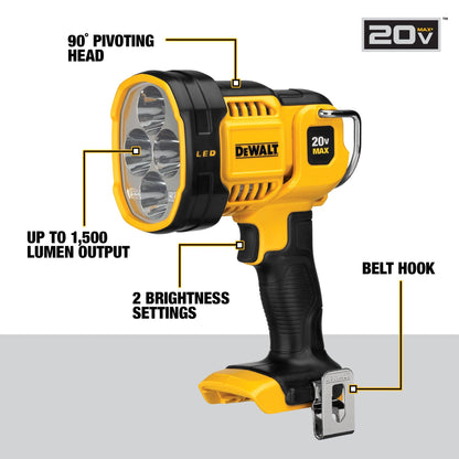 DEWALT 20V MAX LED Work Light, Handheld Spotlight with 508 Yard Distance, Pivoting Head, 1500 Lumens, Cordless, Battery Not Included (DCL043)
