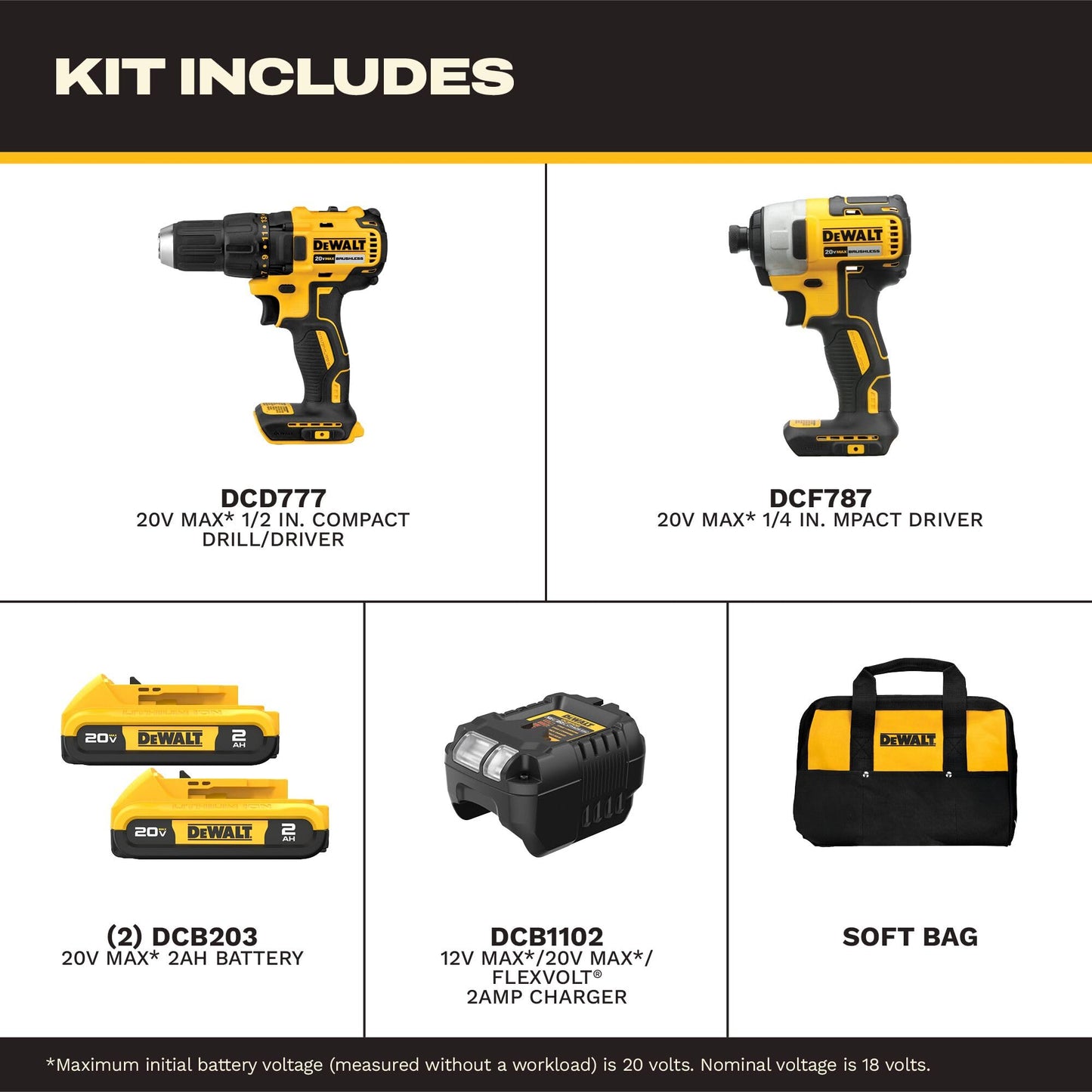 DEWALT 20V MAX Cordless Drill and Impact Driver, Power Drill Brushless 2-Tool Power Tool Combo Kit, Includes 2 Batteries, Charger and Bag (DCK277D2)