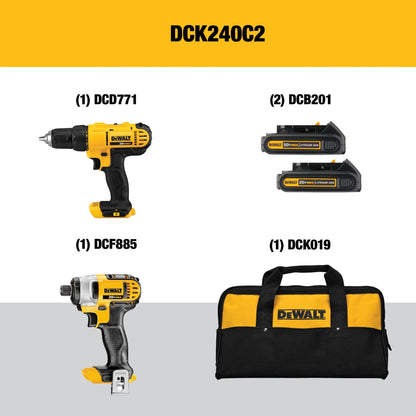 DEWALT 20V MAX Cordless Drill and Impact Driver, Power Tool Combo Kit , 2 Batteries, Charger and Bag (DCK240C2)