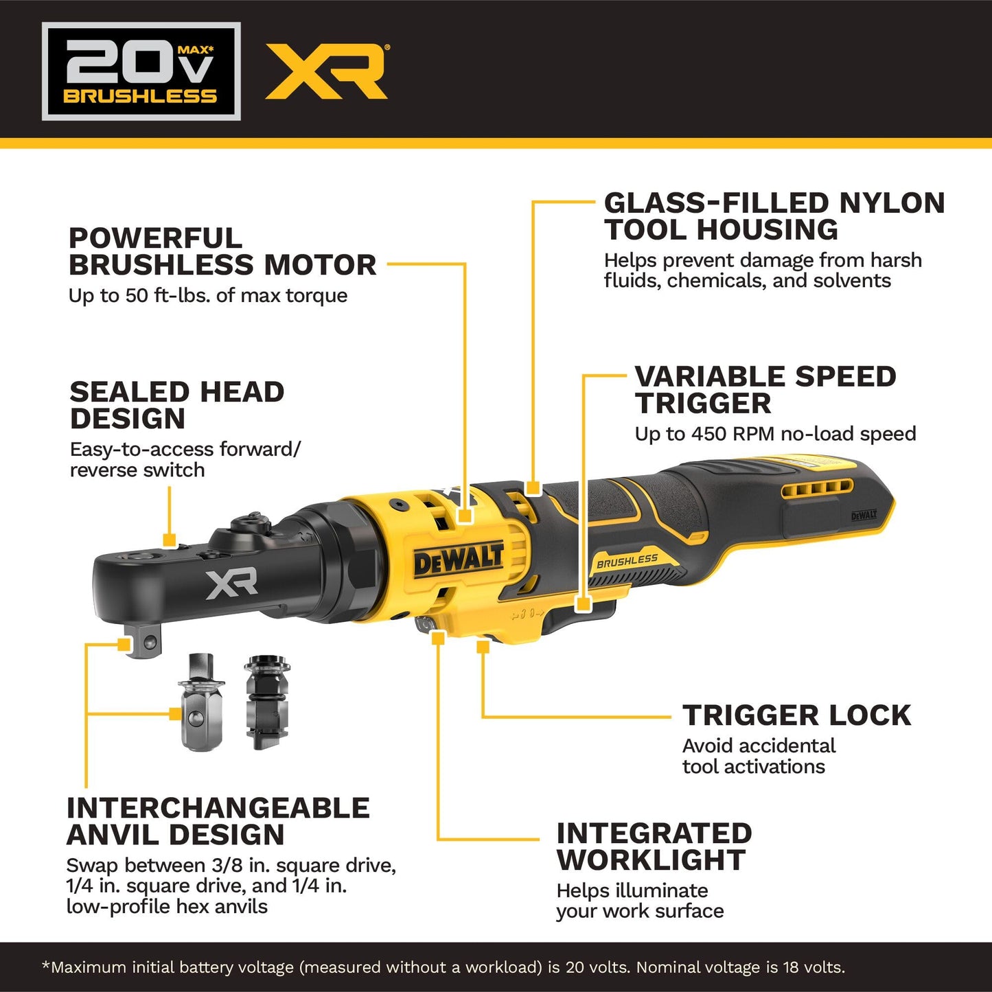 DEWALT 20V MAX* XR Brushless 1/4 in. & 3/8 in. Sealed Head Ratchet (Tool Only) (DCF520B)
