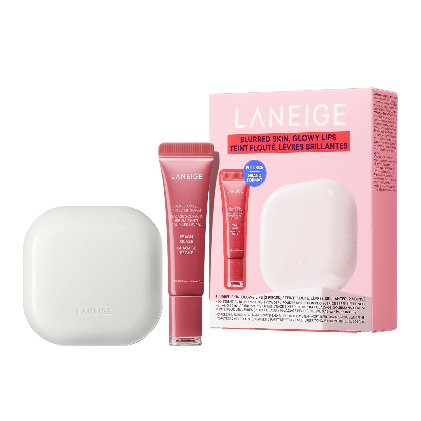 LANEIGE Blurred Skin & Glowy Lips Set | Laneige Neo Blurring Powder & Glaze Craze Tinted Lip Serum | K-Beauty Duo for Shine-Free Skin & Glassy Lips