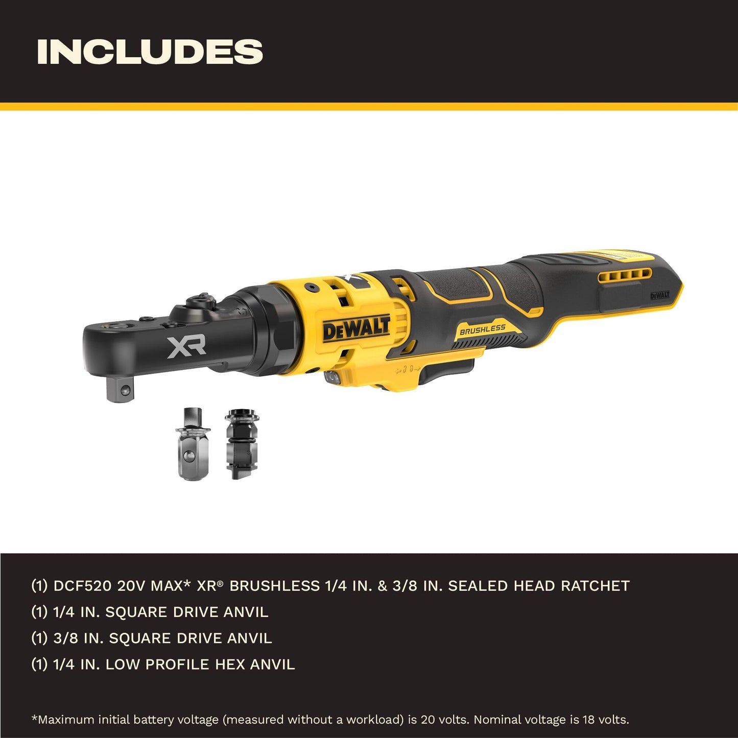 DEWALT 20V MAX* XR Brushless 1/4 in. & 3/8 in. Sealed Head Ratchet (Tool Only) (DCF520B)