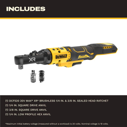DEWALT 20V MAX* XR Brushless 1/4 in. & 3/8 in. Sealed Head Ratchet (Tool Only) (DCF520B)