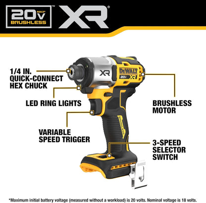 NEW OPEN BOX DEWALT 20V MAX* XR® 3-SPEED IMPACT 1/4 IN. DRIVER (TOOL ONLY)