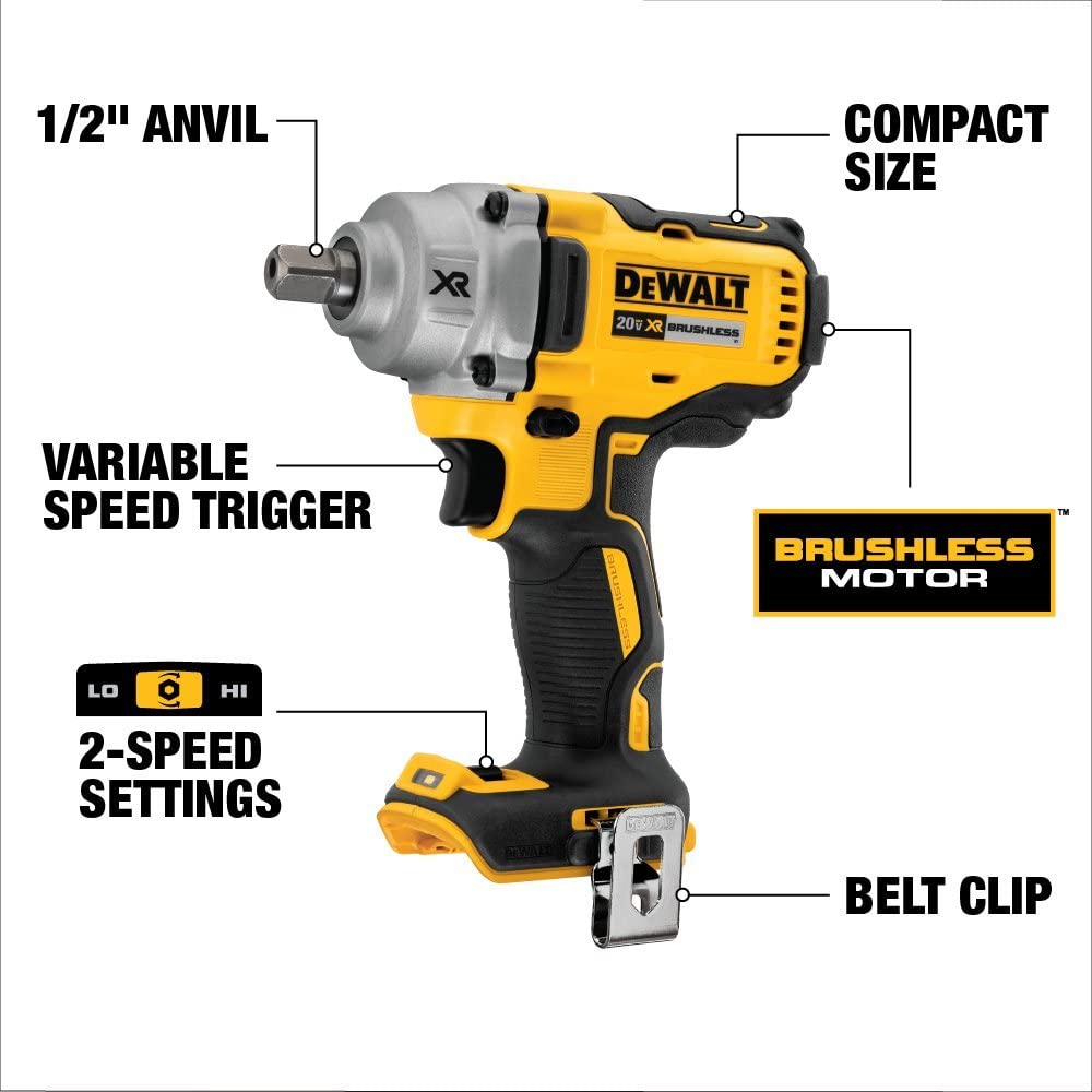 Open Box - DEWALT 20V XR Impact Wrench Kit with Detent Pin Anvil, 1/2-Inch, Tool Only (DCF894B) 600 ft./lbs. maximum breakaway torque